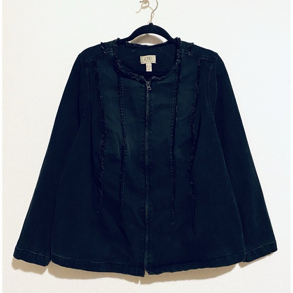 LOGO Lori Goldstein Jacket Womens 22W Black Denim Zip Up Frayed Seams Boho